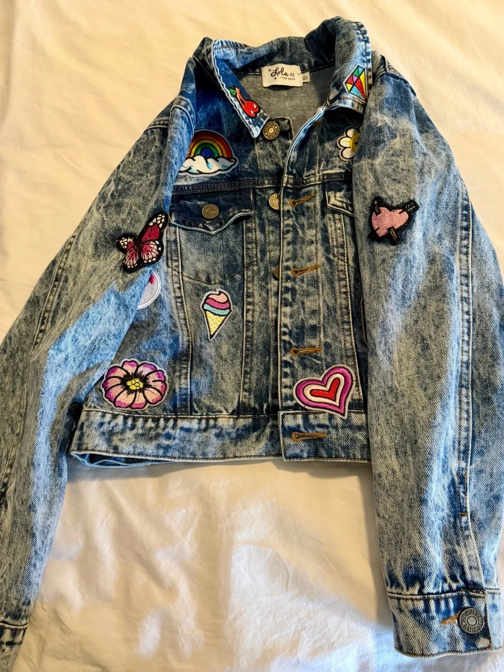 lola & the boys-Girls Patchwork Blue Denim Jacket.